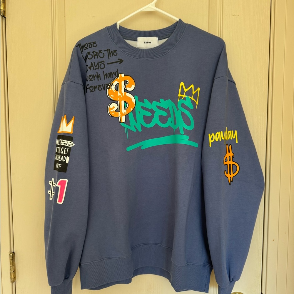 Simons/Djab Blue Crewneck Sweater with Unique Graphics BRAND NEW WITH TAG